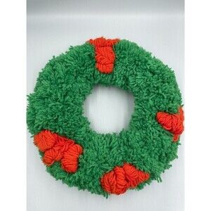 Vintage Handmade Green Crocheted Christmas Wreath Red Bow Holly Berries 14"